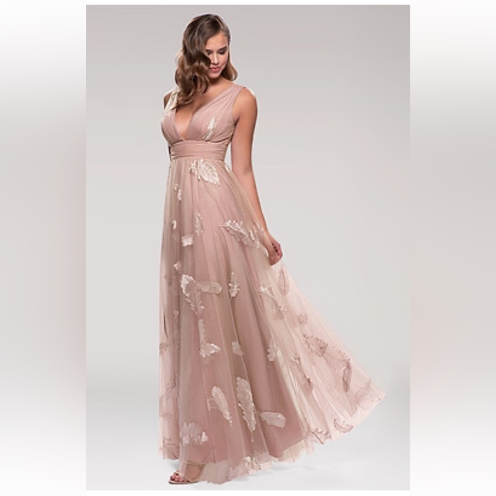 Blush feather print gown.